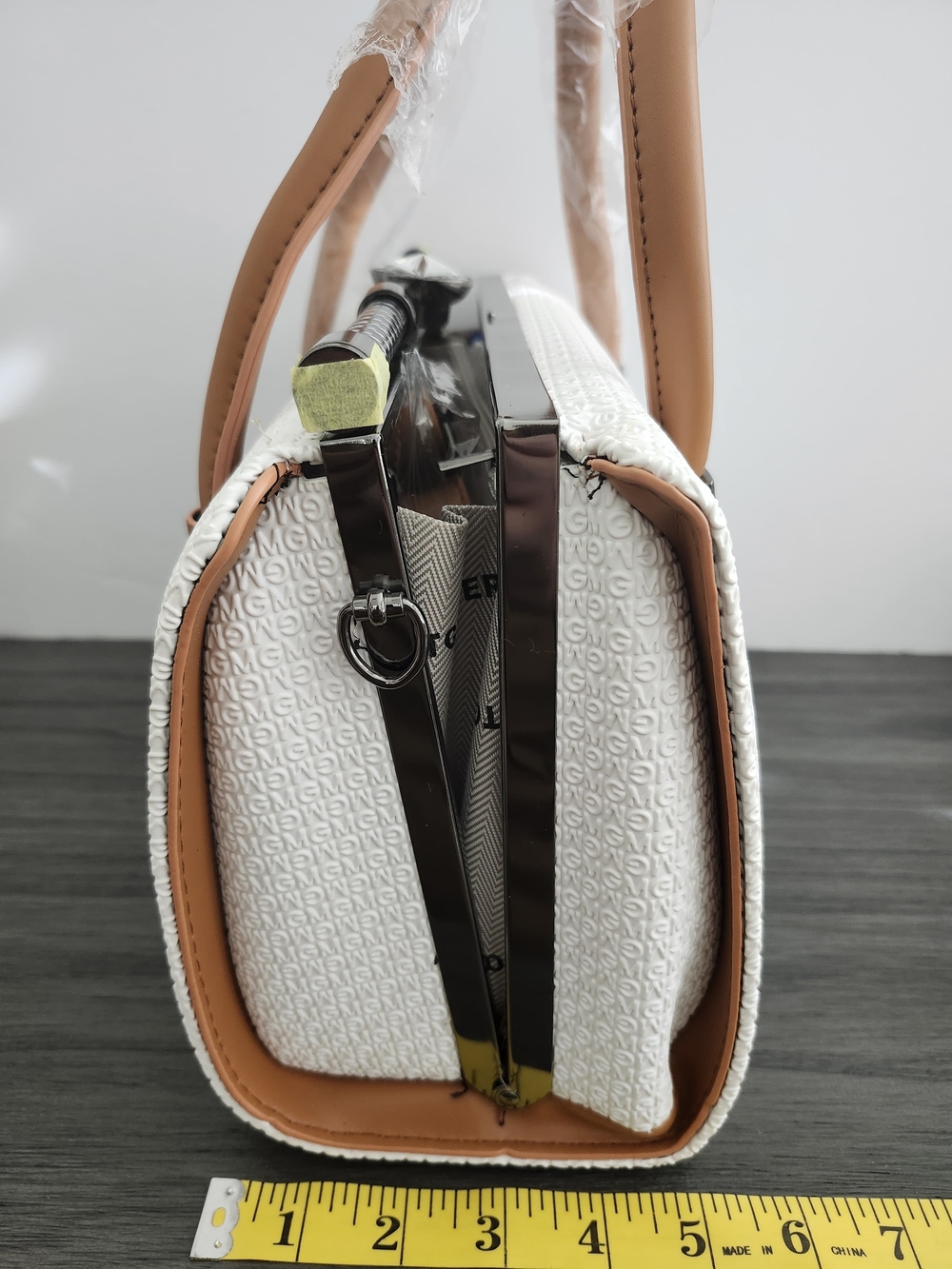 Structured White Satchel with Tan Accent - Picture 8 of 9
